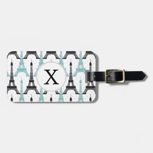 Monogram Aqua Chic Eiffel Tower Patroon Bagagelabel (Voorkant horizontaal)