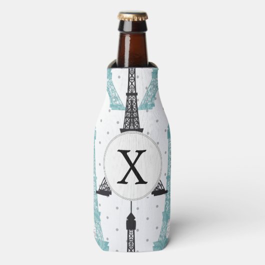 Monogram Aqua Chic Eiffel Tower Patroon Flesjeskoeler (Fles Voorkant)