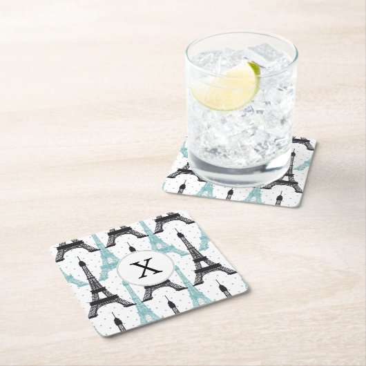 Monogram Aqua Chic Eiffel Tower Patroon Kartonnen Onderzetters (Insitu)