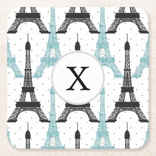 Monogram Aqua Chic Eiffel Tower Patroon Kartonnen Onderzetters (Voorkant)