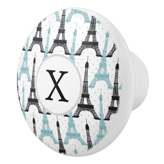 Monogram Aqua Chic Eiffel Tower Patroon Keramische Knop (Rechts)