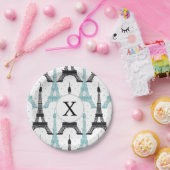 Monogram Aqua Chic Eiffel Tower Patroon Papieren Bordje (Feest)