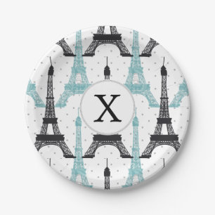 Monogram Aqua Chic Eiffel Tower Patroon Papieren Bordje