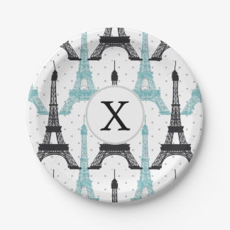 Monogram Aqua Chic Eiffel Tower Patroon Papieren Bordje