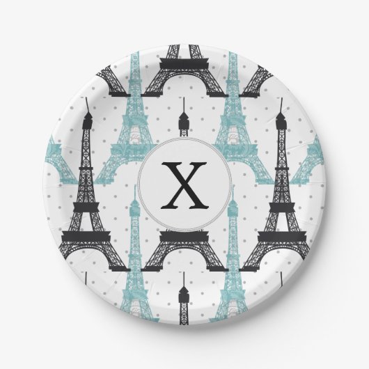 Monogram Aqua Chic Eiffel Tower Patroon Papieren Bordje (Voorkant)