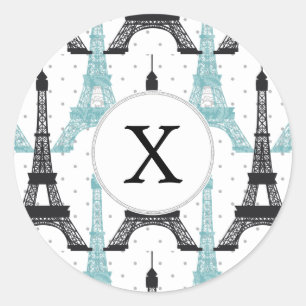 Monogram Aqua Chic Eiffel Tower Patroon Ronde Sticker