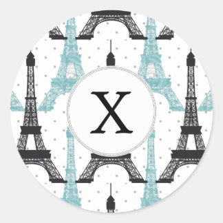 Monogram Aqua Chic Eiffel Tower Patroon Ronde Sticker