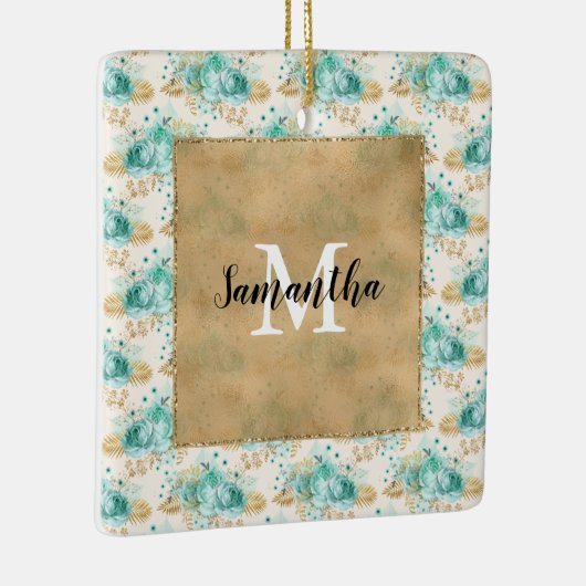 Monogram Aqua Cream Gold Floral       Keramisch Ornament (Rechts)