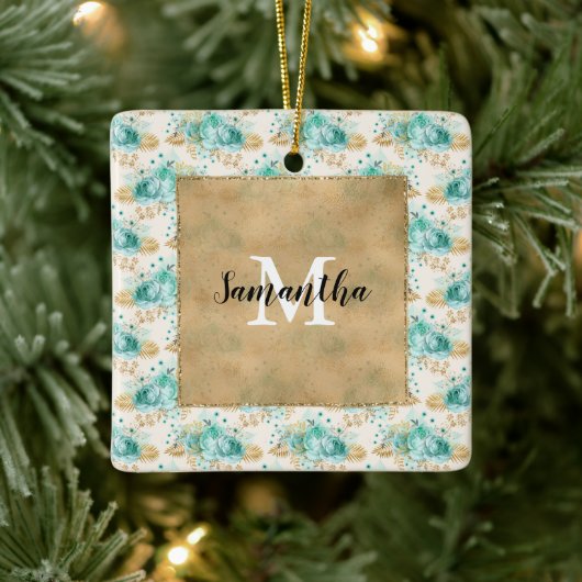 Monogram Aqua Cream Gold Floral       Keramisch Ornament (Boom)