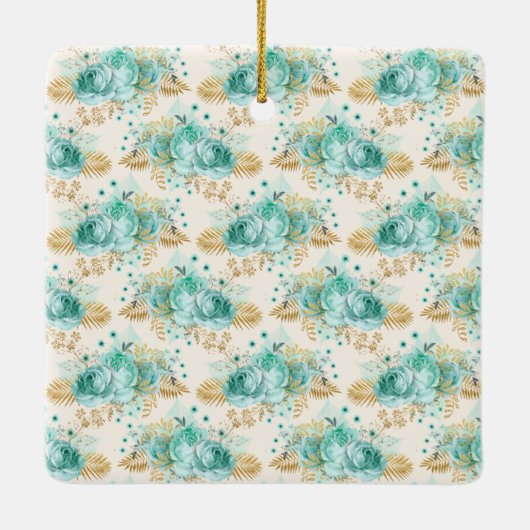 Monogram Aqua Cream Gold Floral       Keramisch Ornament (Achterkant)