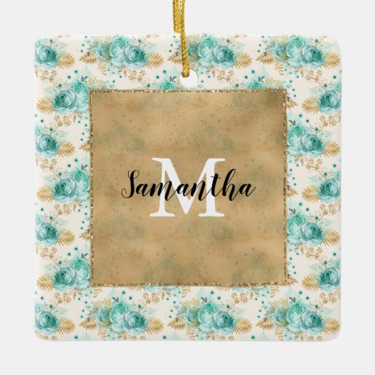 Monogram Aqua Cream Gold Floral       Keramisch Ornament (Voorkant)