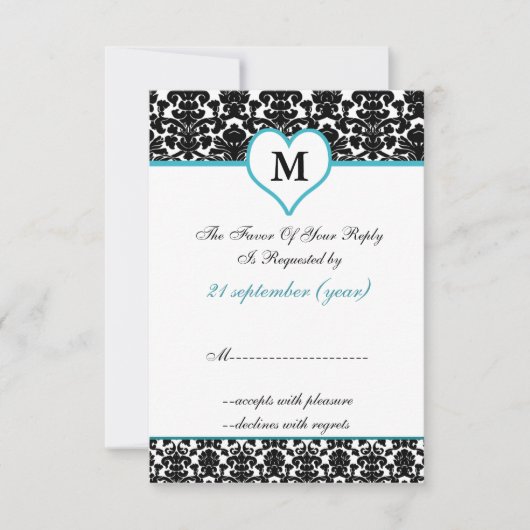 Monogram Aqua Damask Standaard 3.5 x 5 RSVP (Voorkant)