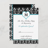 Monogram Aqua Damask Standaard 3.5 x 5 RSVP (Voorkant / Achterkant)