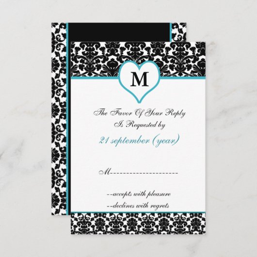 Monogram Aqua Damask Standaard 3.5 x 5 RSVP (Voorkant / Achterkant)