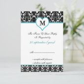 Monogram Aqua Damask Standaard 3.5 x 5 RSVP Kaartje (Staand voorkant)