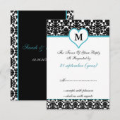 Monogram Aqua Damask Standaard 3.5 x 5 RSVP Kaartje (Voorkant / Achterkant)
