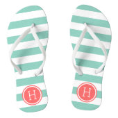 Monogram Aqua en Coral Preppy Stripes Teenslippers (Voetbed)