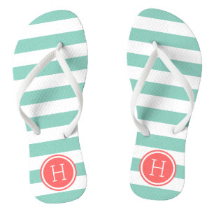 Monogram Aqua en Coral Preppy Stripes Teenslippers