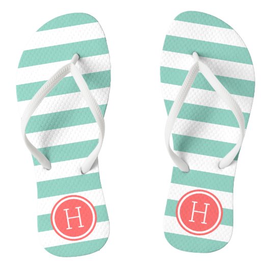 Monogram Aqua en Coral Preppy Stripes Teenslippers (Voetbed)