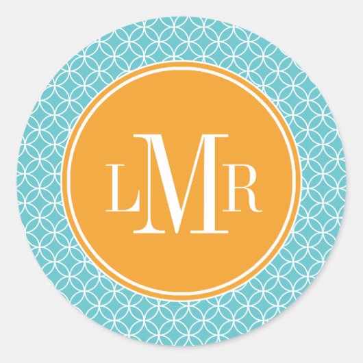 Monogram Aqua en Oranje Circles Ronde Sticker (Voorkant)