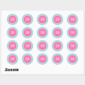 Monogram Aqua en Roze Chevrons Ronde Sticker (Vel)