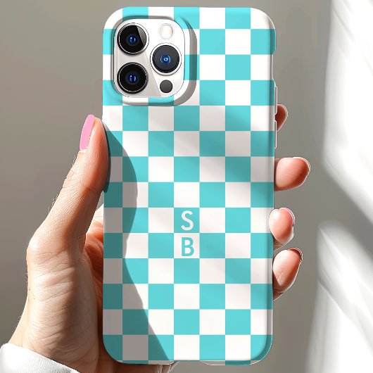 Monogram Aqua en wit schaakbordpatroon Case-Mate iPhone Case
