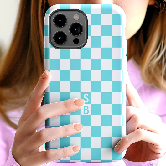 Monogram Aqua en wit schaakbordpatroon Case-Mate iPhone Case