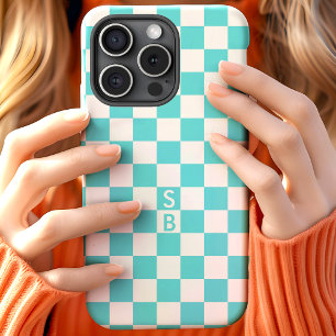 Monogram Aqua en wit schaakbordpatroon iPhone 15 Case