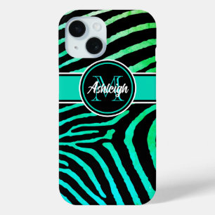 Monogram Aqua Groen, Zwart Zebra Strepen iPhone 15 Case