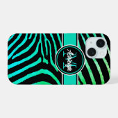 Monogram Aqua Groen, Zwarte Zebra Strepen iPhone 15 Case (Achterkant horizontaal)