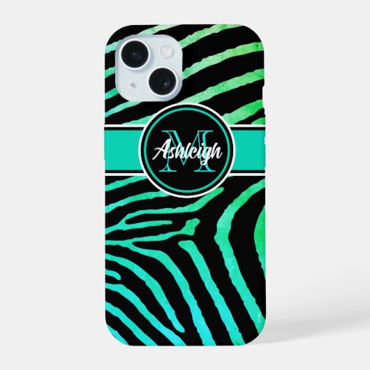 Monogram Aqua Groen, Zwarte Zebra Strepen iPhone 15 Case (Achterkant)