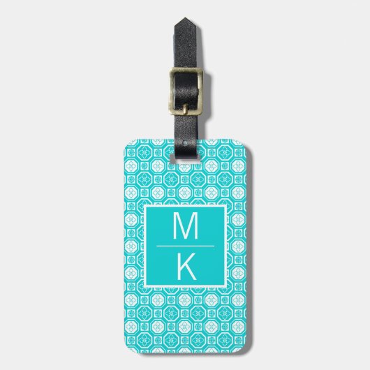Monogram Aqua Tiled Flowers Square Splitter Bagagelabel (Voorkant verticaal)