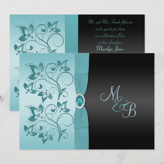 Monogram Aqua, uitnodiging voor een huwelijk met z (Voorkant / Achterkant)