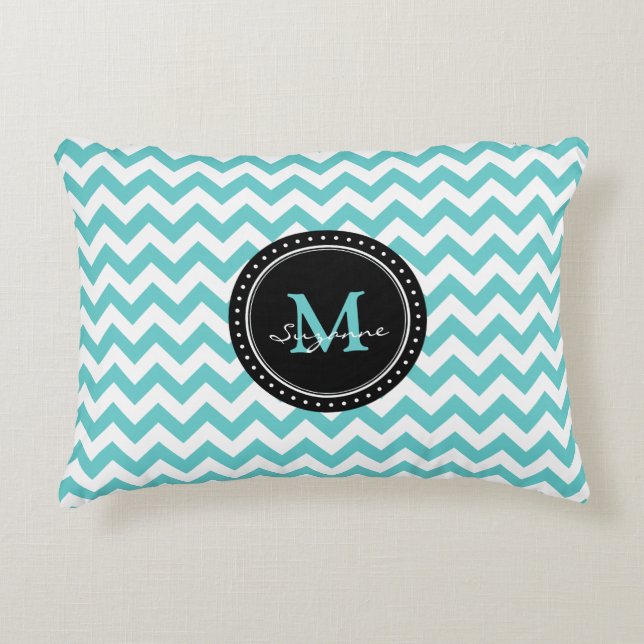 Monogram Aqua White Abstracte Chevron Accent Kussen (Voorkant)