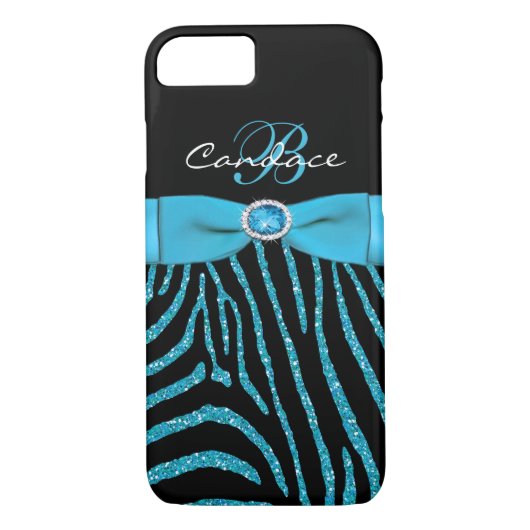 Monogram Aqua, zwart Glitter Zebra iPhone 7 Hoesje (Achterkant)