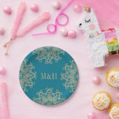 Monogram Aquamarijn en Goud Indiase stijl bruiloft Papieren Bordje (Feest)
