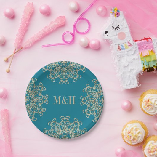 Monogram Aquamarijn en Goud Indiase stijl bruiloft Papieren Bordje (Feest)