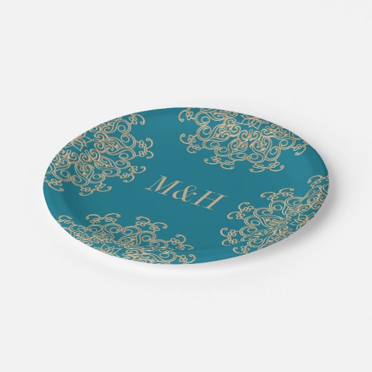 Monogram Aquamarijn en Goud Indiase stijl bruiloft Papieren Bordje (Gekanteld)