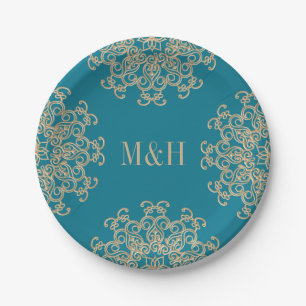 Monogram Aquamarine en gouden Indische stijfbruilo Papieren Bordje