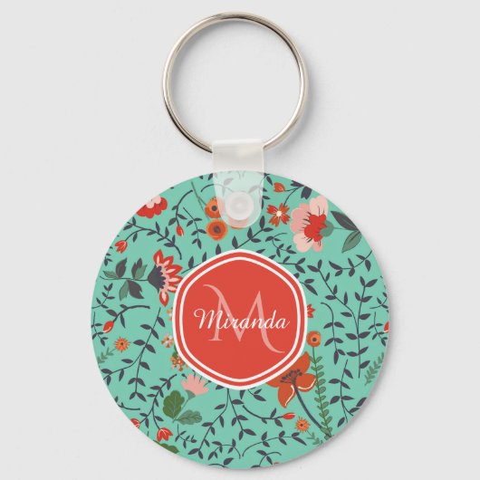  monogram Aquamarine Oranje en Red Floral Sleutelhanger (Voorkant)