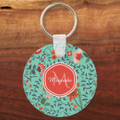  monogram Aquamarine Oranje en Red Floral Sleutelhanger (Voorkant)