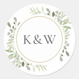 Monogram Aquarel Groen Bruiloft Favor Ronde Sticker