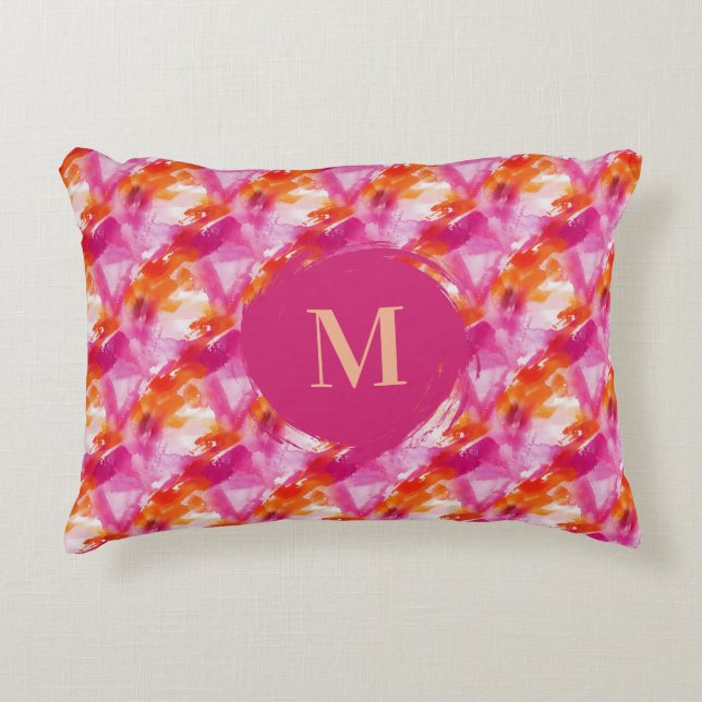 Monogram Aquarel Roze Oranje Abstract Accent Kussen (Voorkant)