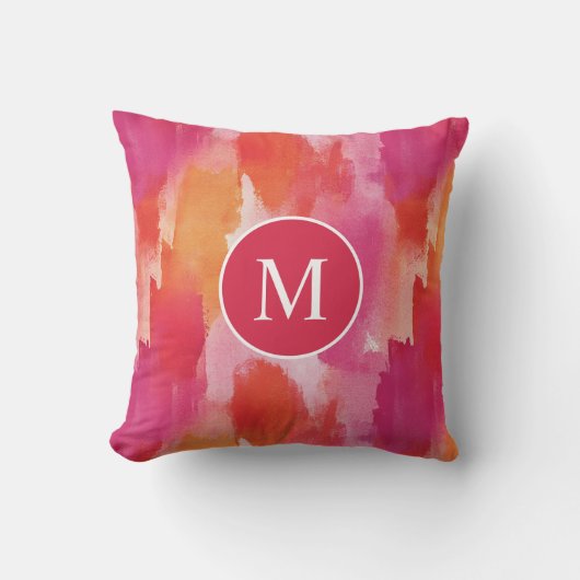 Monogram Aquarel Roze Oranje Abstract Kussen (Voorkant)