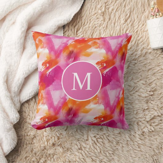 Monogram Aquarel Roze Oranje Abstract Kussen (Deken)