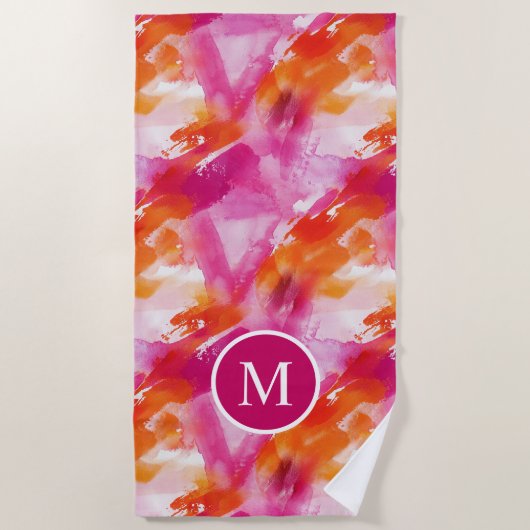 Monogram Aquarel Roze Oranje Abstract Strandlaken (Voorkant)
