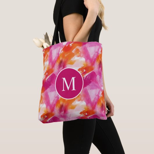 Monogram Aquarel Roze Oranje Abstract Tote Bag (Dichtbij)