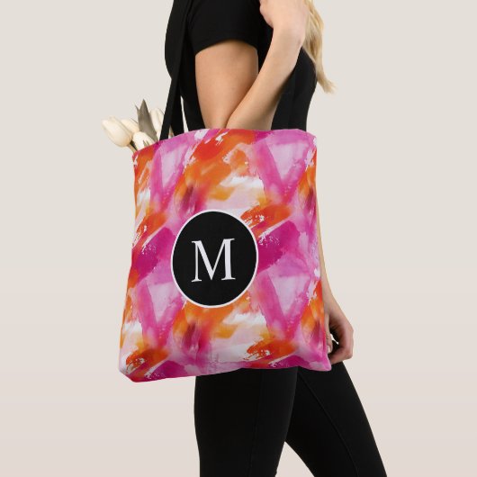 Monogram Aquarel Roze Oranje Abstract Tote Bag (Dichtbij)