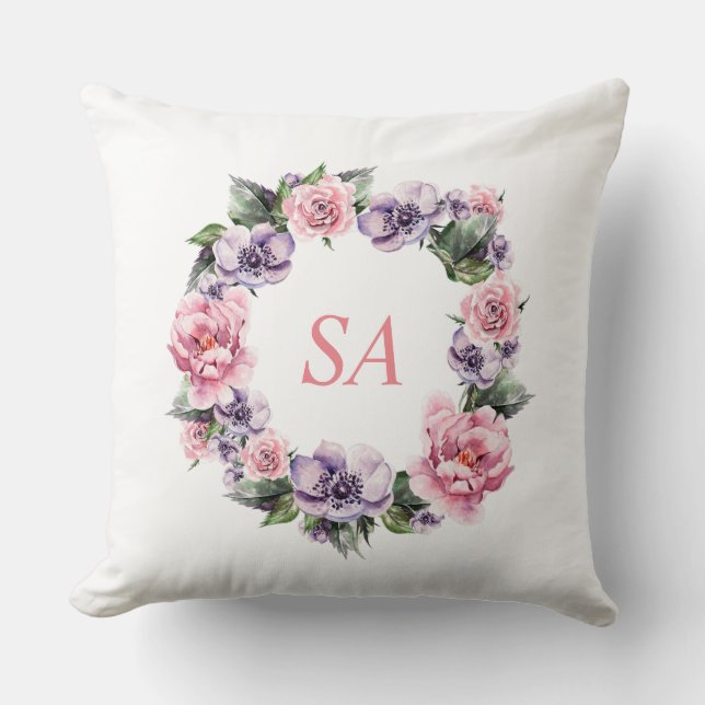 Monogram Aquarel Roze Paarse Krans Bloemstuk Kussen (Voorkant)