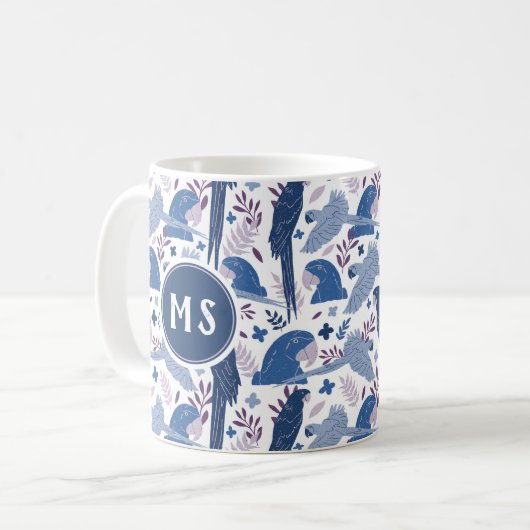 Monogram Ara Parrot Blue Tropical Leaf Pattern Koffiemok (Voorkant links)